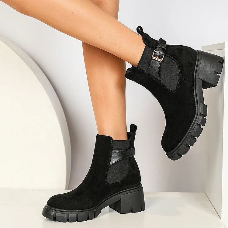 Patchwork Strap Buckle Round Toe Chunky Heel Ankle Boots