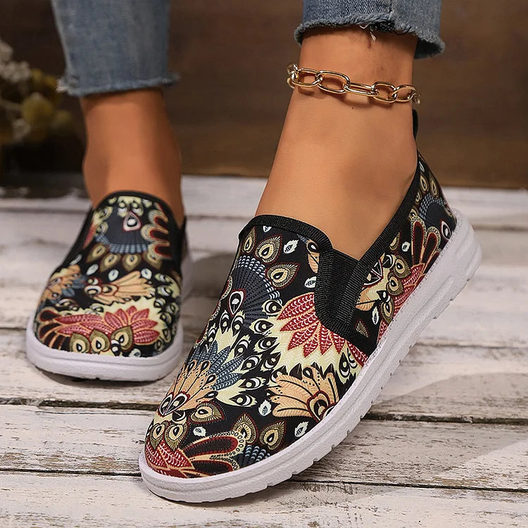 Halloween Skull Rose Peacock Feather Graffiti Print Slip On Round Toe Loafers