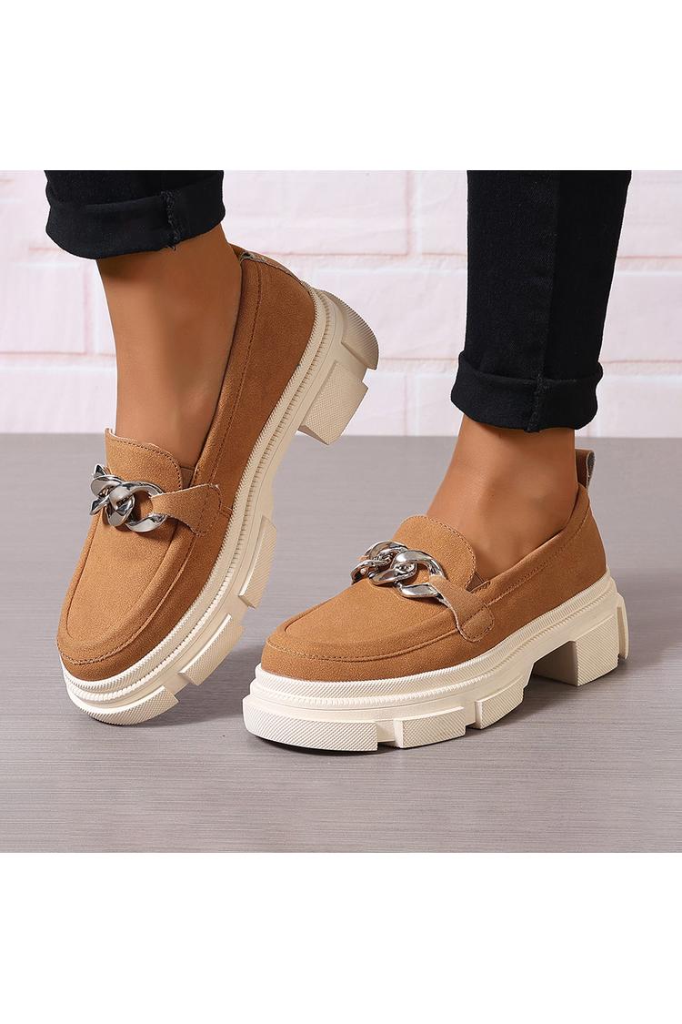 Einfarbige Metallkette Dekor Rundzehen Klobiger Absatz Loafers