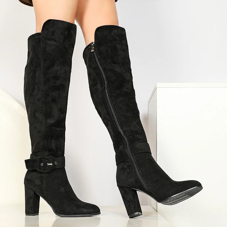 Strap Buckle Decor Irregular Edge Pointed Toe Chunky Heel Knee High Boots