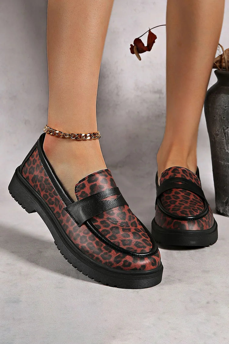 Colorblock Leopard Print Patchwork Round Toe Casual Loafers