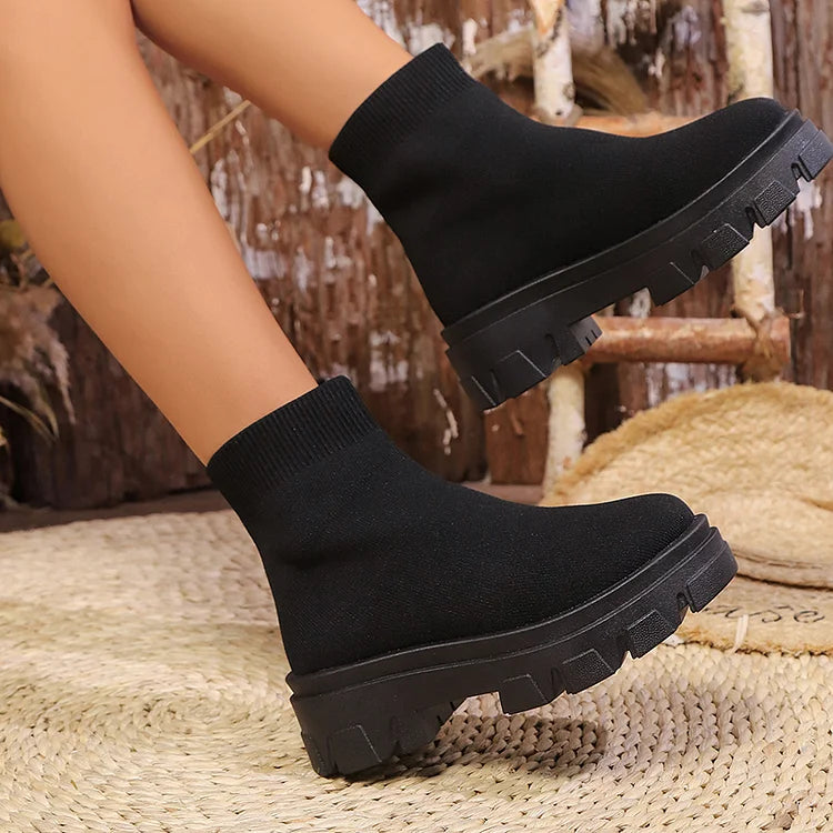 Round Toe Chunky Heel Pull On Casual Mid Boots