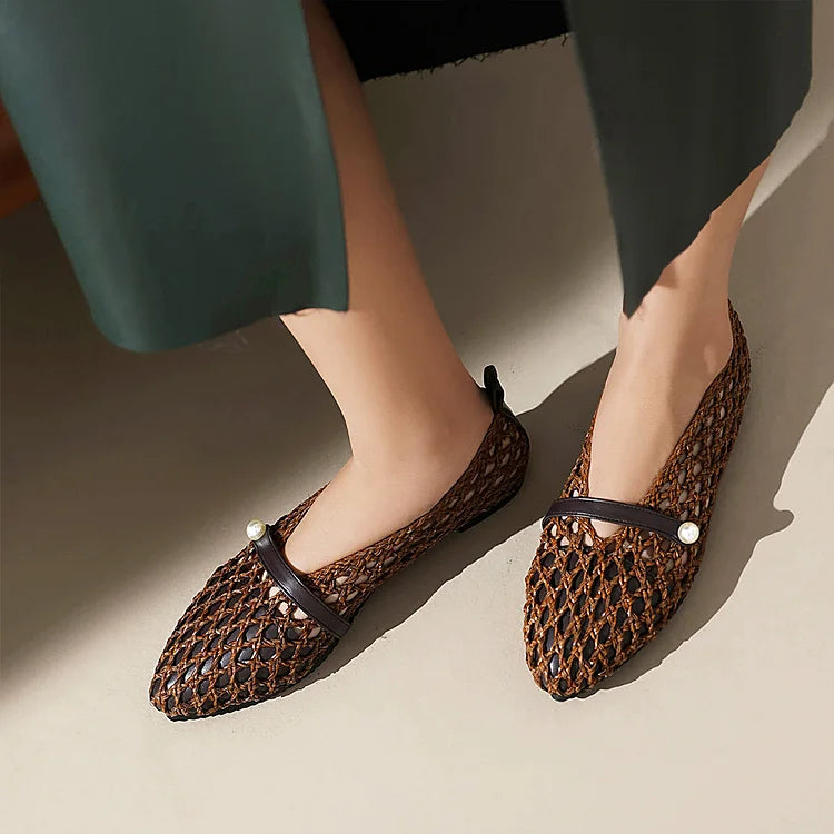Patchwork Hollow Out Fishnet Instep Strap Pointed Toe Flats