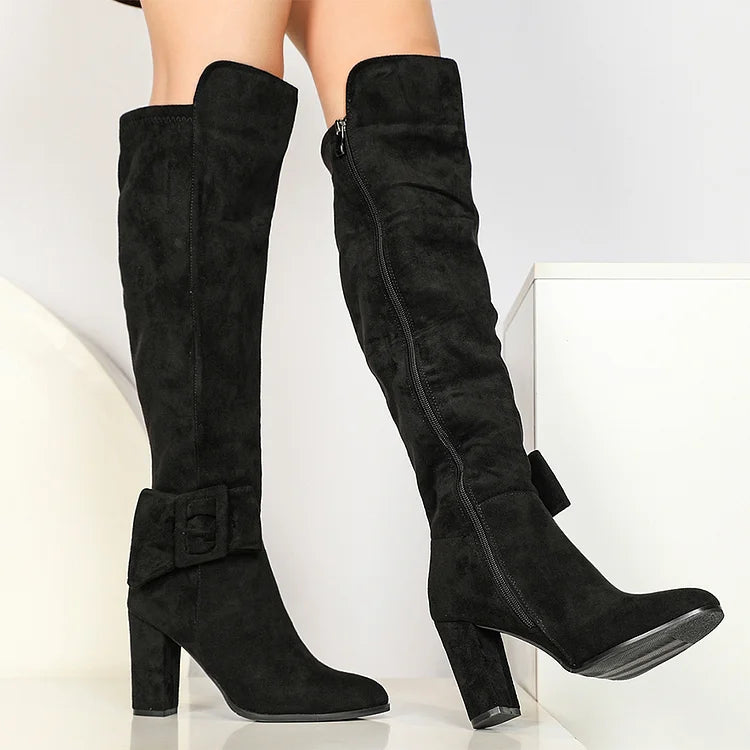 Irregular Edge Buckle Solid Color Pointed Toe Chunky Heel Knee High Boots