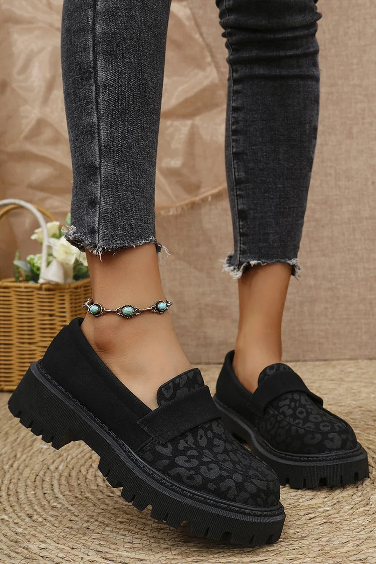 Patchwork Round Toe Leopard Print Low Block Heel Loafers