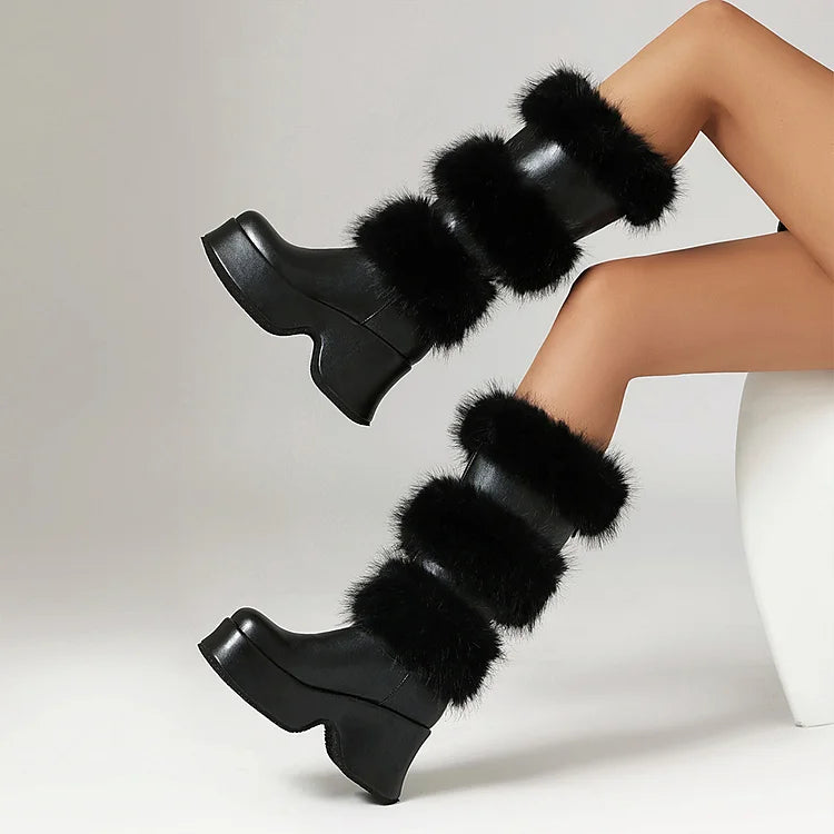 Solid Color Fluffy Trim Round Toe Chunky Heel Platform Mid Calf Boots