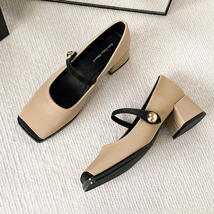 Color Matching Square Toe Instep Strap Buckle Chunky Heels