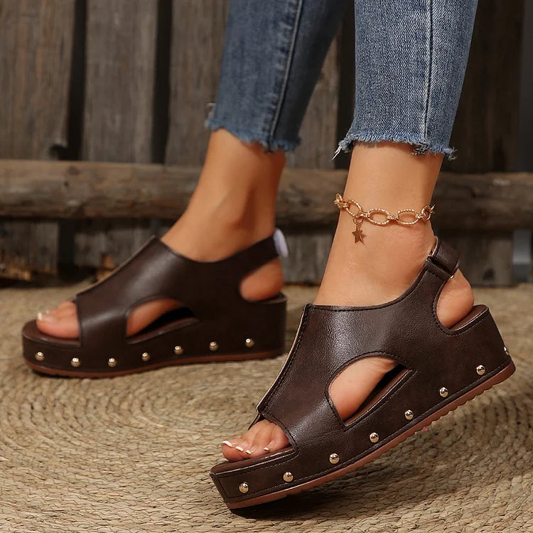 Metallnieten Dekor Solide Farbe Cutout Offene Zehen Wedge Sandalen