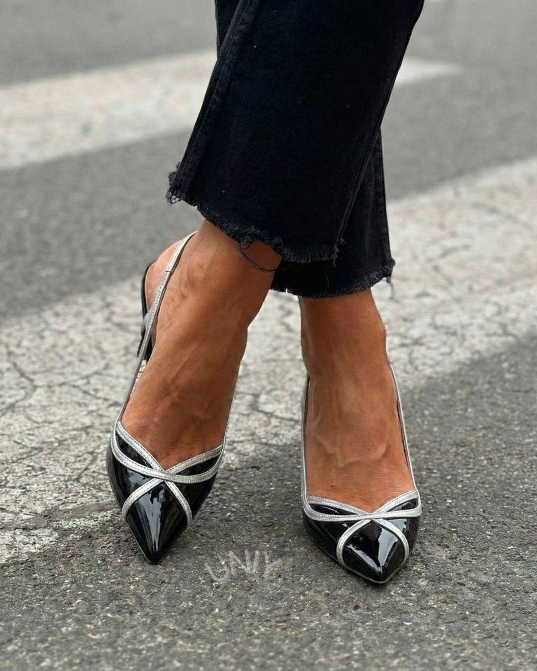 Eleganti scarpe con tacco a spillo a punta color block nero argento [Pre-ordine]