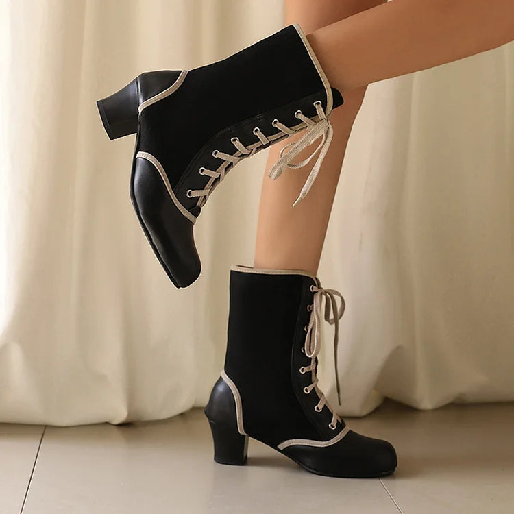 Contrast Trim Patchwork Lace Up Round Toe Chunky Heel Mid Boots