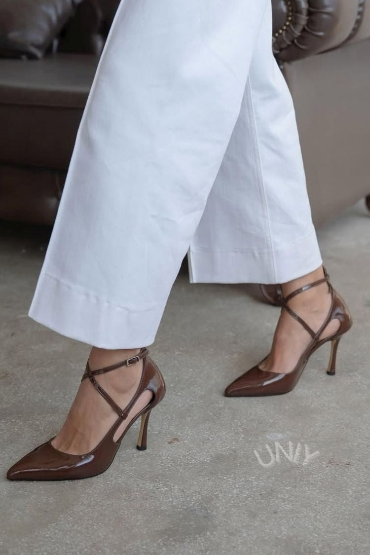 Chic Brown Glossy Pointed Toe Cutout Ankle Strap Heels [Pre Order]