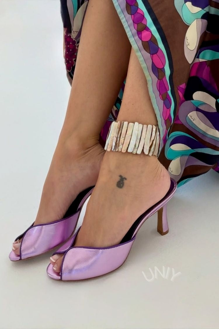 Metallic Purple Peep Toe V-Cut Flared Mid Heel Mules [Pre Order]