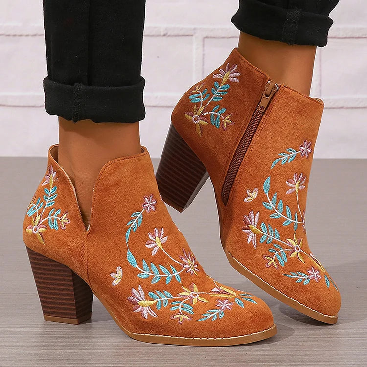 Floral Leaf Embroidery Round Toe Zipper Chunky Heel Ankle Boots