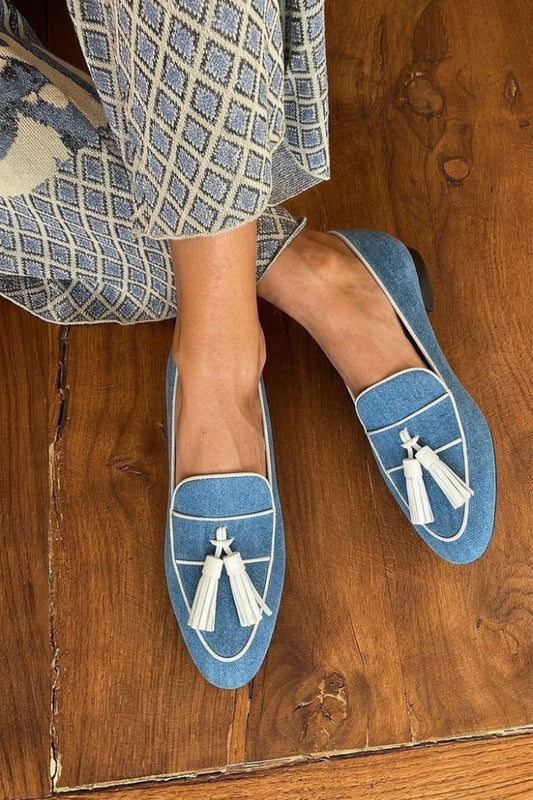 Minimalist Contrast Piping Denim Tassel Flats [Pre Order]