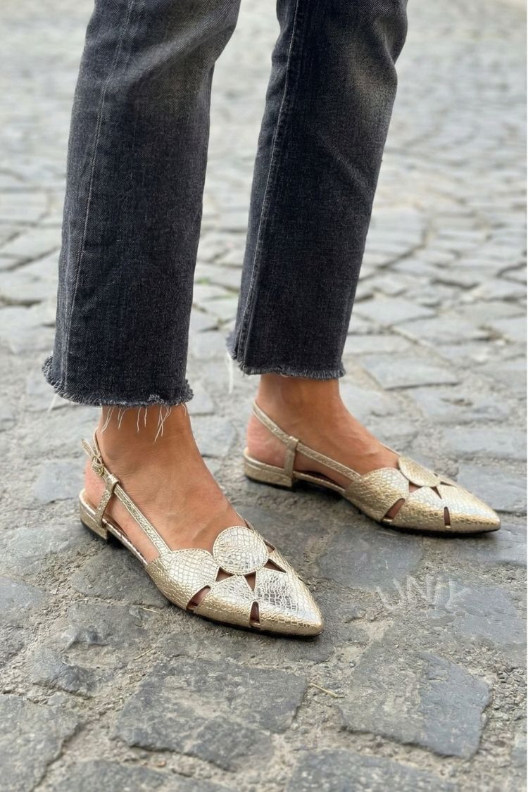 Elegant Gold Snakeskin Pattern Pointed Toe Cutout Flats [Pre Order]