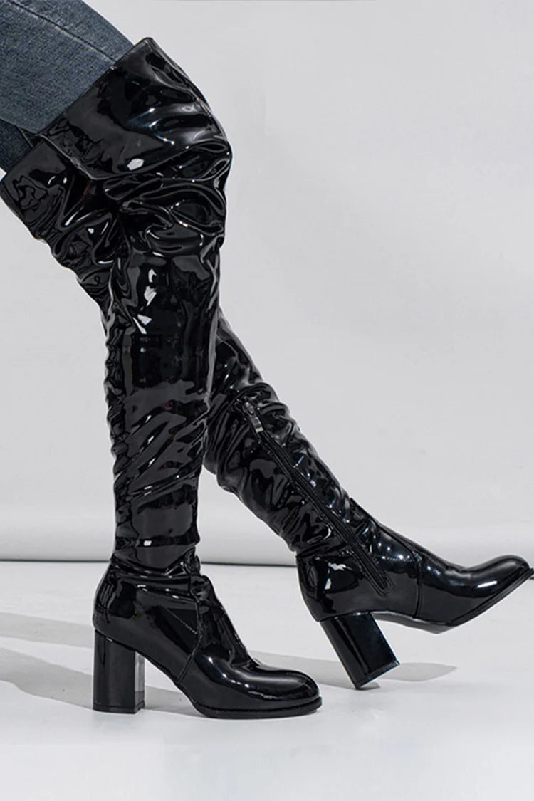 Solid Color Round Toe Chunky Heel Patchwork Zipper Over The Knee Boots