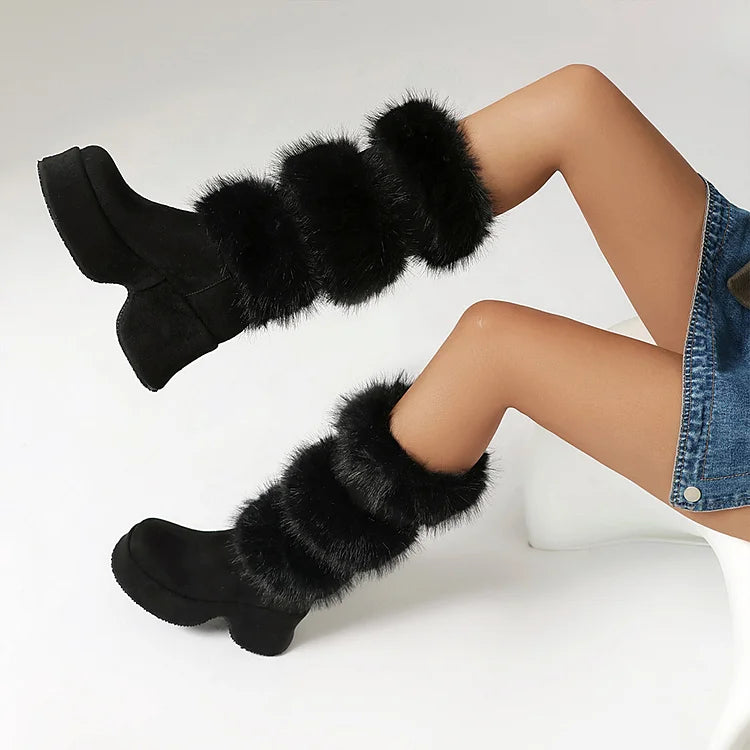 Colorblock Fluffy Trim Round Toe Chunky Heel Platform Mid Calf Boots