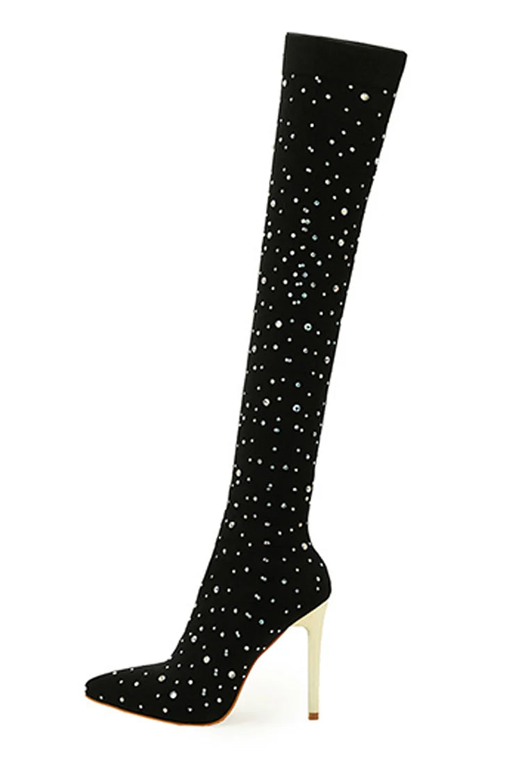 Rhinestone Decor Pointed Toe Stiletto Heel Over The Knee Sock Boots