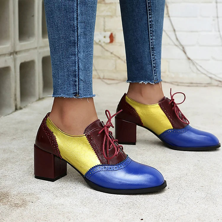 Lace Up Colorblock Round Toe Chunky Heel Brogue Oxfords