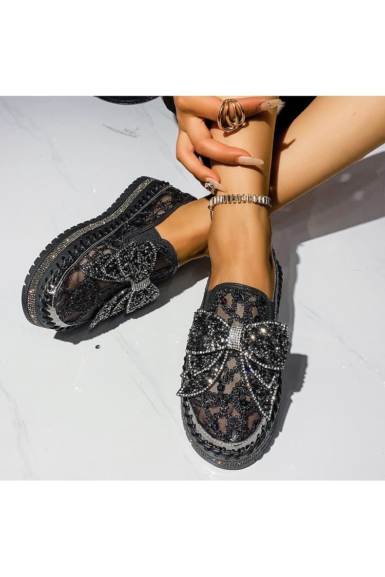 Strass Schleifen Dekor Mesh Runde Zehen Freizeit Plateau Slipper