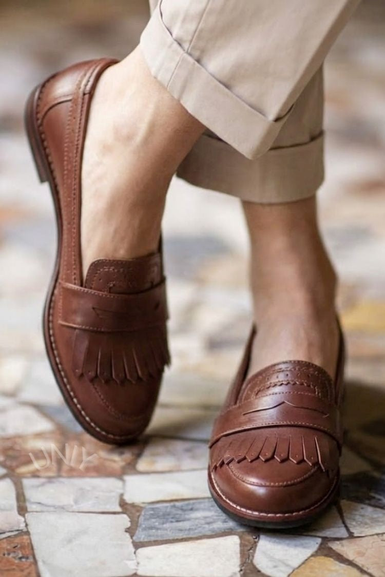 Elegant Dark Brown Leather Round Toe Fringe Loafers [Pre Order]