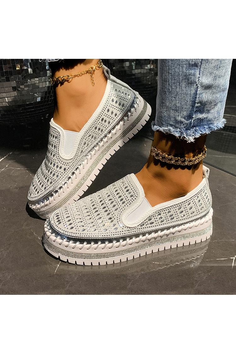 Strassverzierung Steppdetail Rundzehen Freizeit Plateau Loafers