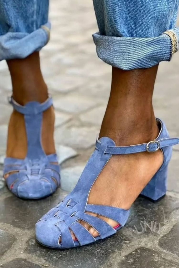 Chic Faux Suede Woven T-Strap Chunky Heel Pumps [Pre Order]