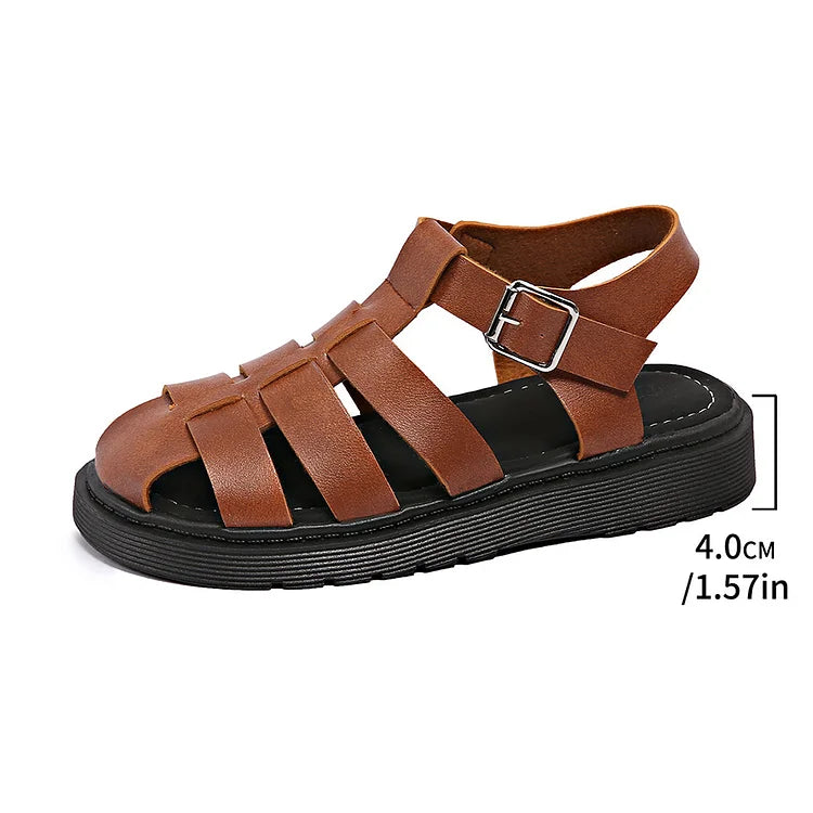 Woven Solid Color Hollow Out T-Strap Buckle Round Toe Sandals