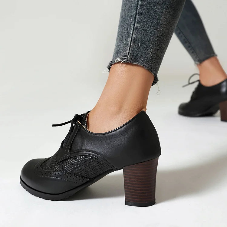 Metallic Sheen Patchwork Round Toe Lace Up Chunky Heels