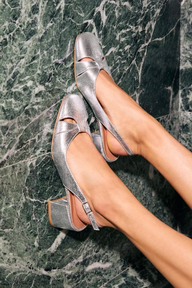 Silver Metallic Square Toe Cut-Out Slingback Block Heels [Pre Order]