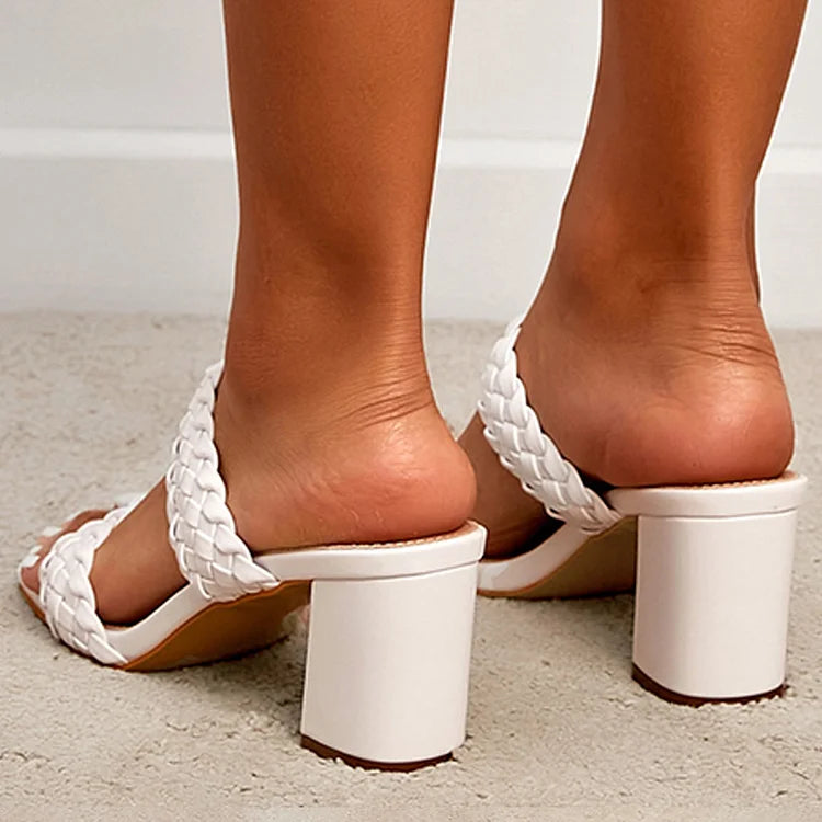 Woven Solid Color Square Toe Casual Sandals Chunky Heels