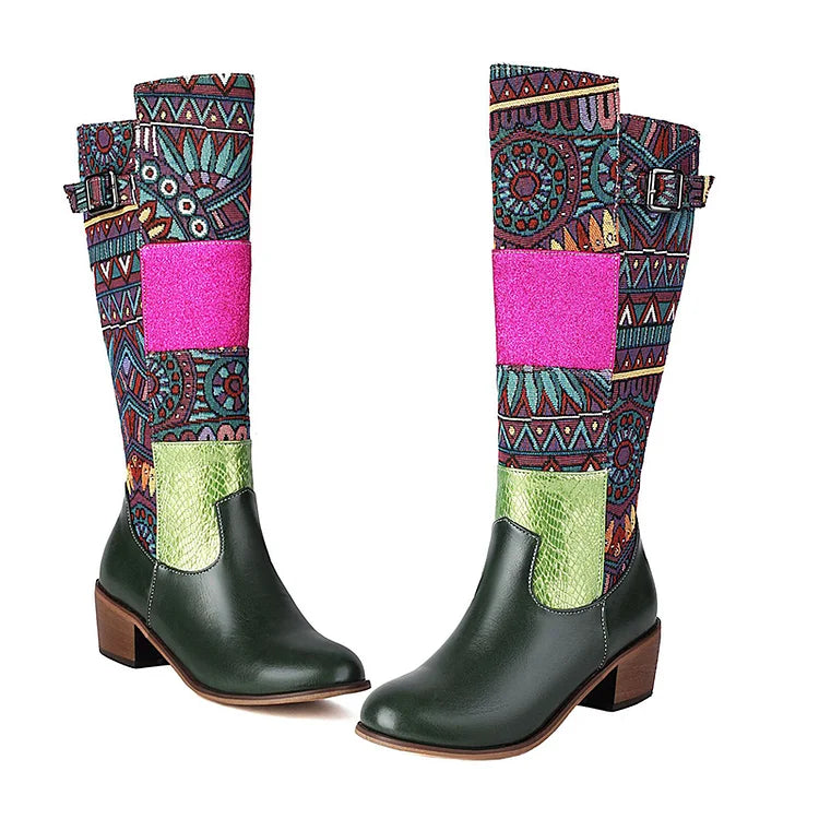 Farbblock-Patchwork-Stammesmuster-Stiefel mit runder Zehenpartie und mittelhoher Wade