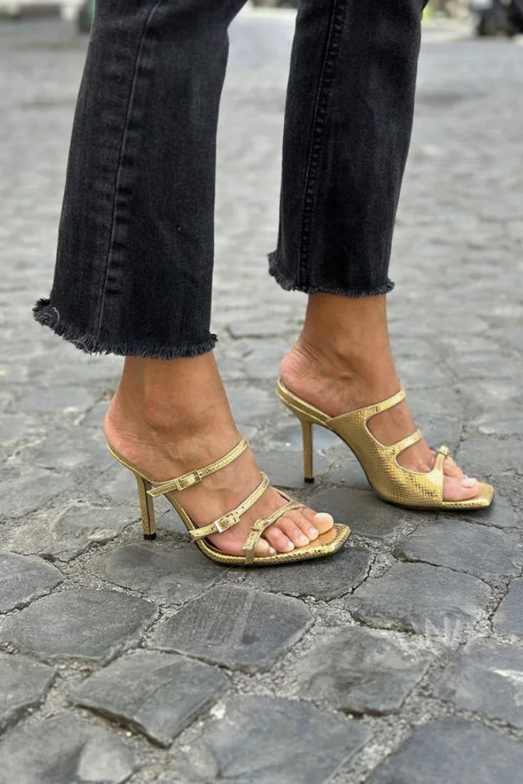 Einfarbige Quadratische Spitze Dreifachriemen Stiletto Heel Mules [Vorbestellung]