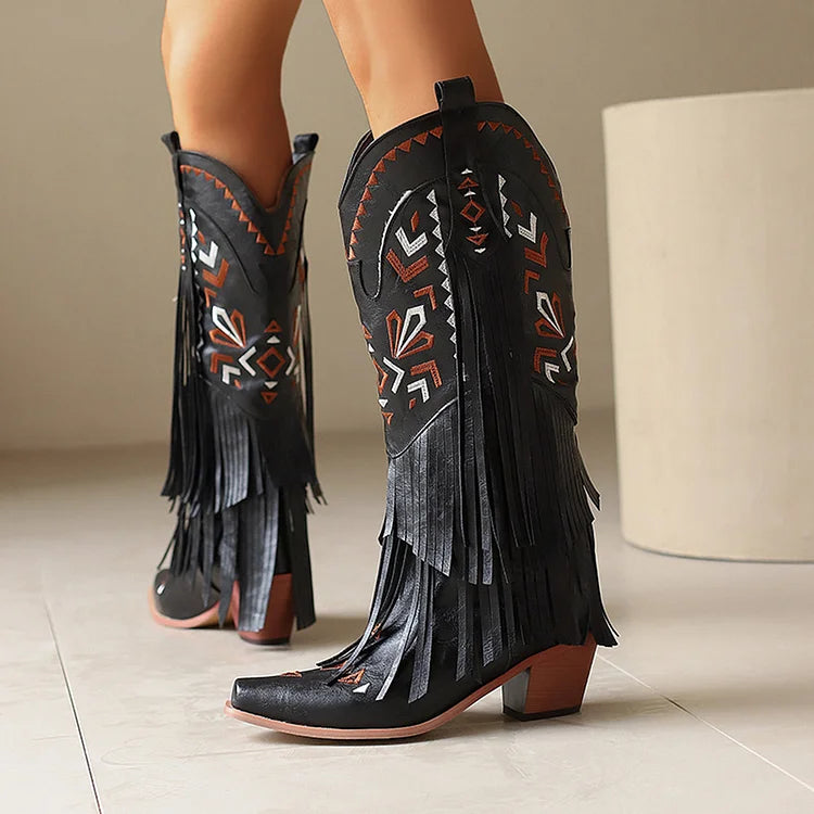 Tribal Pattern Embroidery Fringe Pointed Toe Chunky Heel Western Boots