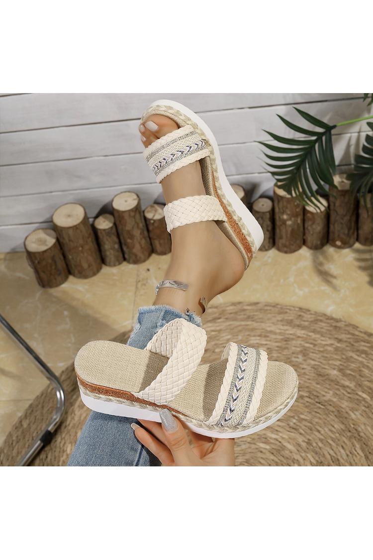 Pantofole casual con zeppa, punta rotonda, cinturino intrecciato e decorazioni in strass