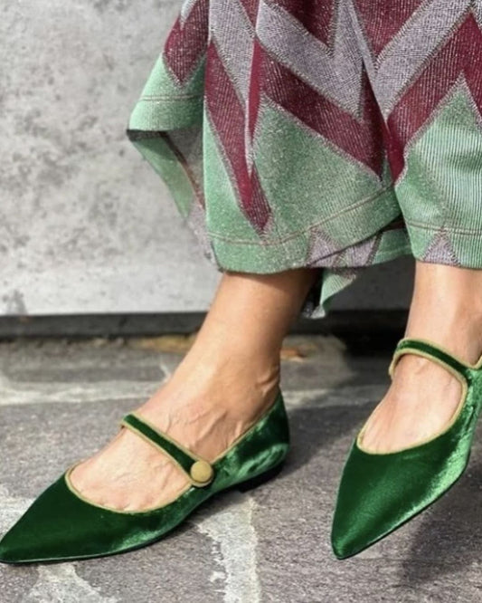 Dunkelgrüne Samtspitz-Zehen Mary Jane Ballerinas mit Einem Riemen [Vorbestellung]