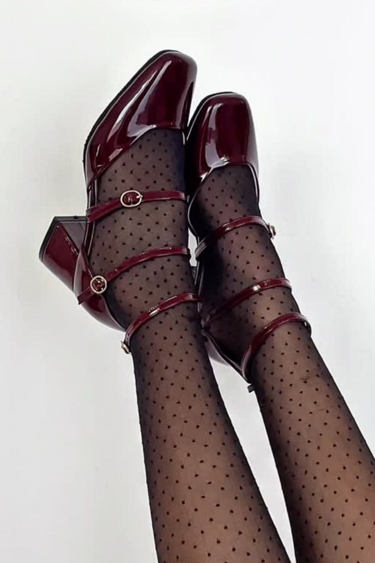 Bordowe lakierowane skórzane Mary Jane na słupku z potrójnym paskiem [Przedsprzedaż]