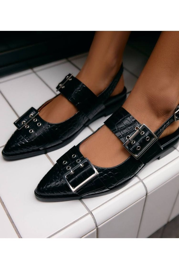 Ballerine con cinturino posteriore a punta, doppia fibbia e pelle stampa coccodrillo vintage [Pre-ordine]