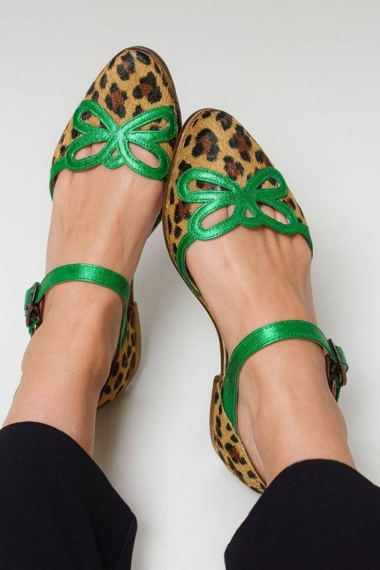 Ballerine Mary Jane con fiocco verde in cavallino leopardato