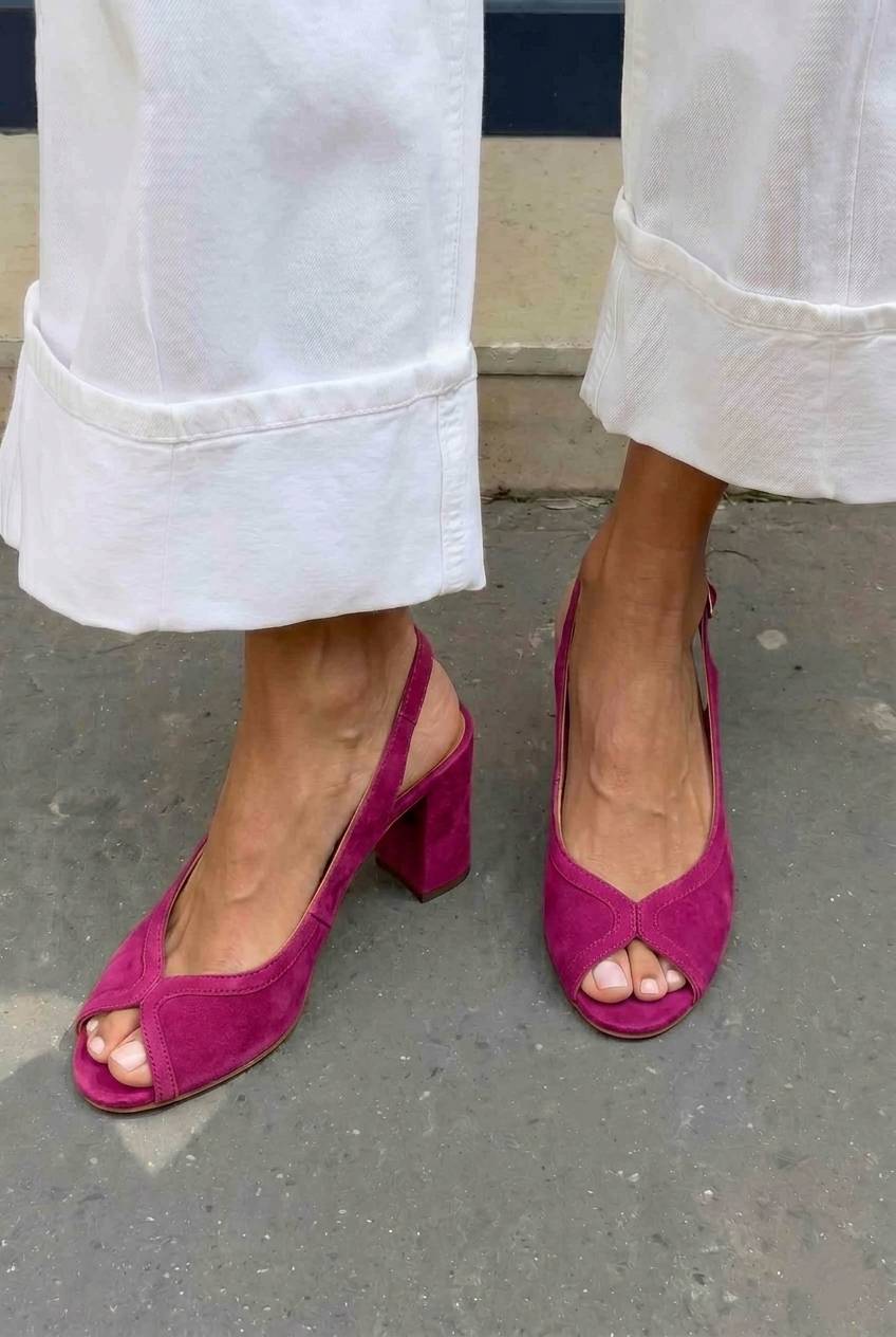 Suede Slingback Peep Toe Block Heel Sandals