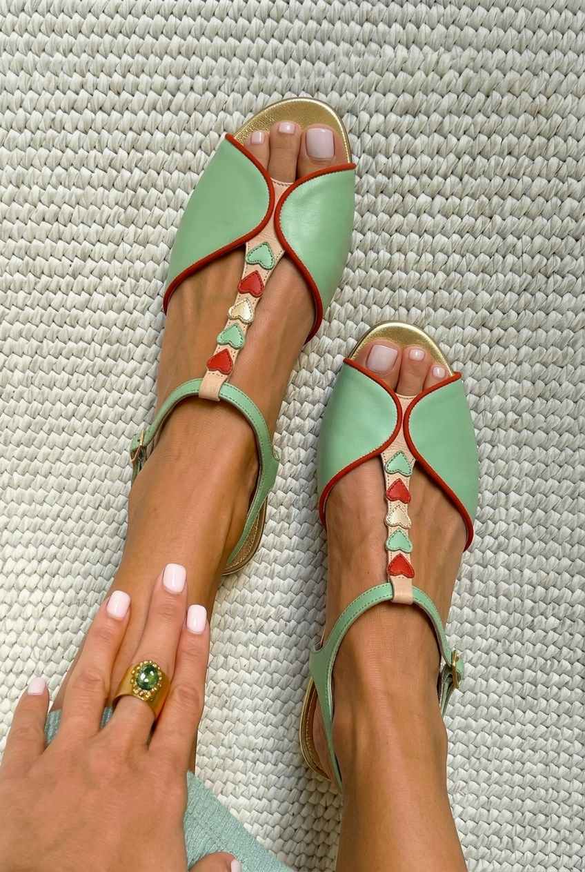 Heart Embellished Peep Toe Slingback Flat Sandals [Pre Order]