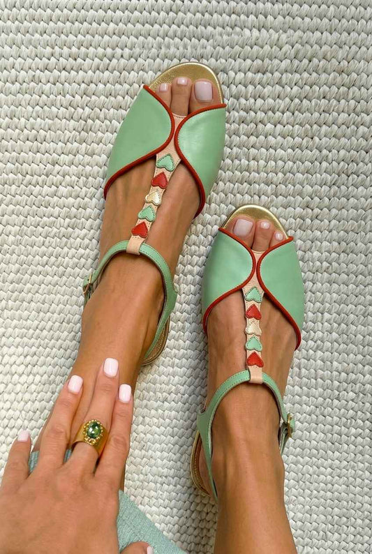 Heart Embellished Peep Toe Slingback Flat Sandals [Pre Order]