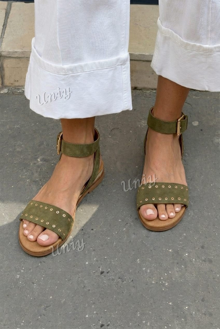 Studded Eyelet Open Toe Ankle Strap Flat Sandals [Pre Order]