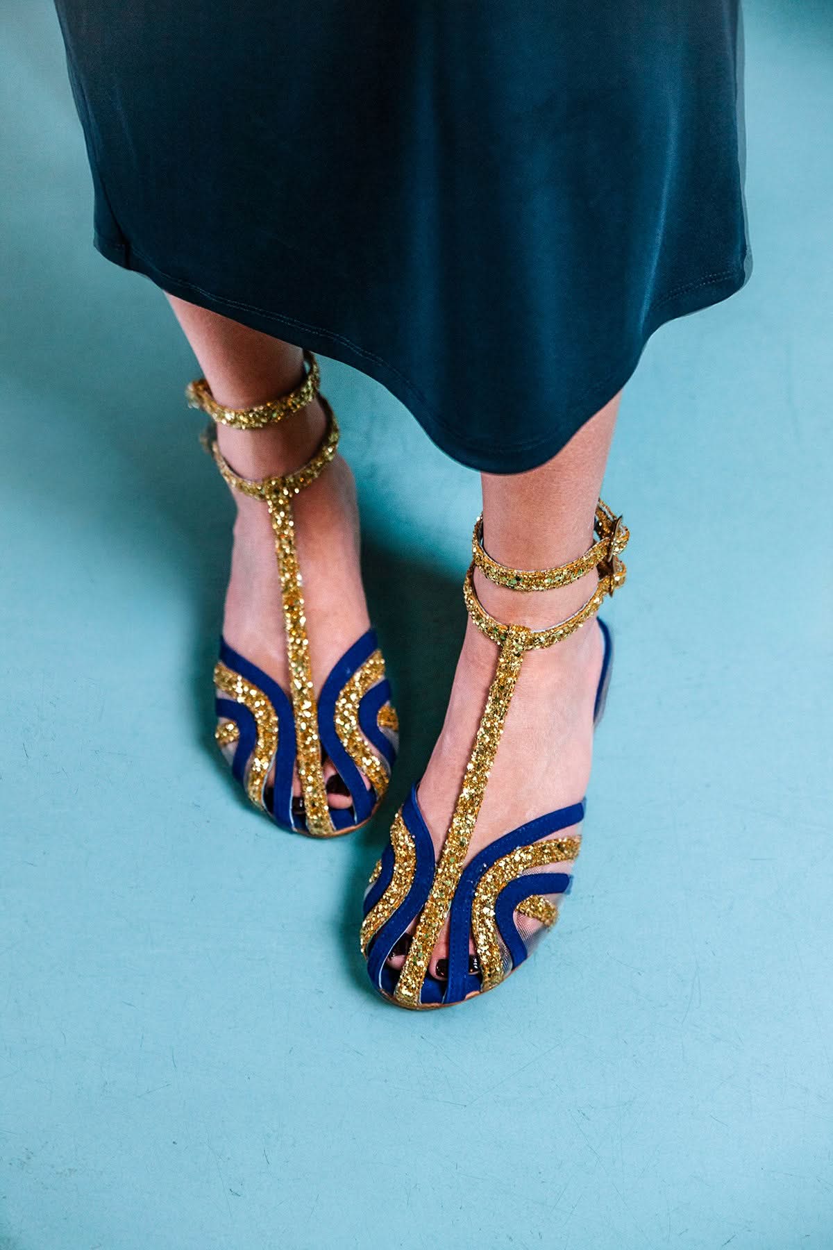 Gold Glitter Open Toe T-Strap Blue Low Heels [Pre Order]