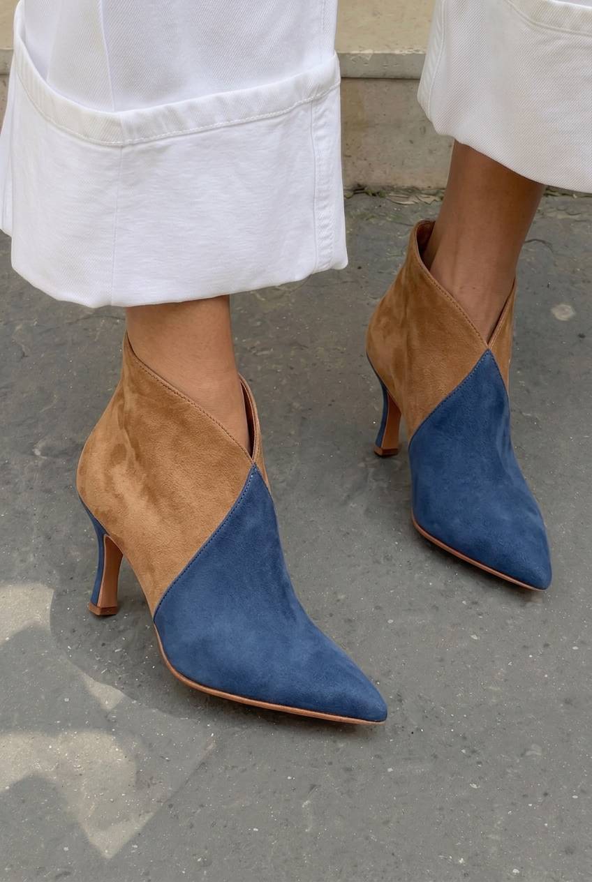 Suede Patchwork PointedToe Stiletto Ankle Booties [Pre Order]