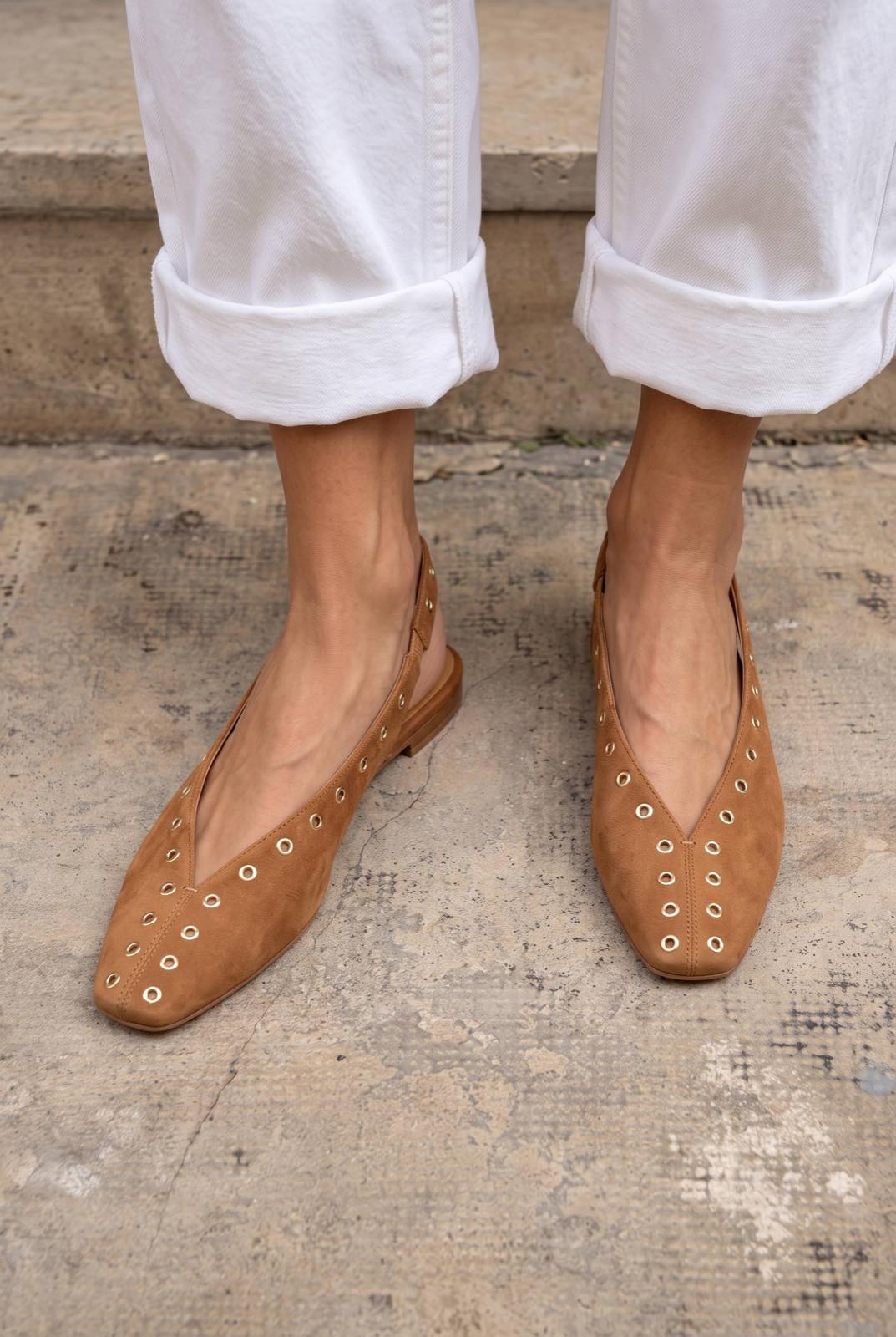 Grommet V-Cut Square Toe Slingback Flat Shoes [Pre Order]