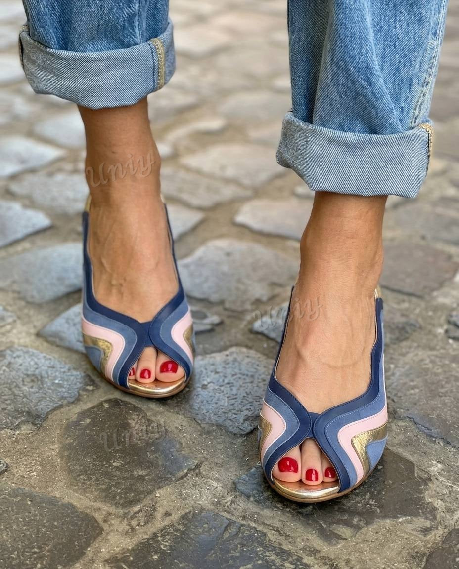 Wavy Patchwork Peep Toe Slingback Flat Sandals [Pre Order]