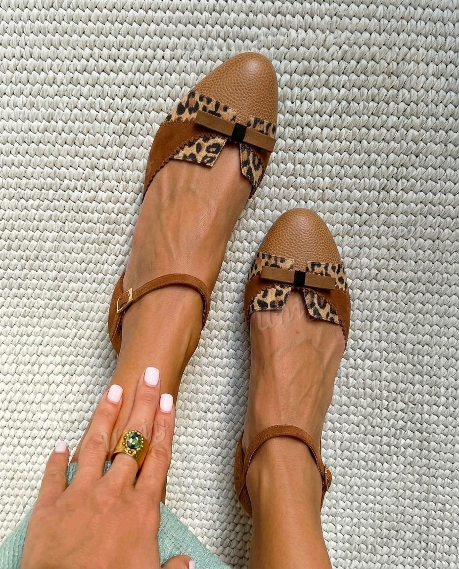 Bow Accent Round Toe Flat Ankle Strap ShoesCOLOR: Leopard [Pre Order]