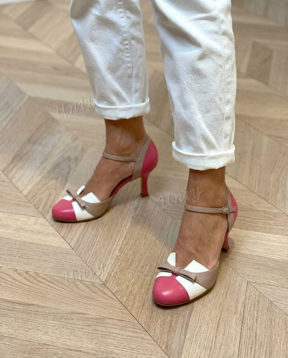 Bow AccentRound Toe Ankle Strap Kitten Heel Pumps [Pre Order]