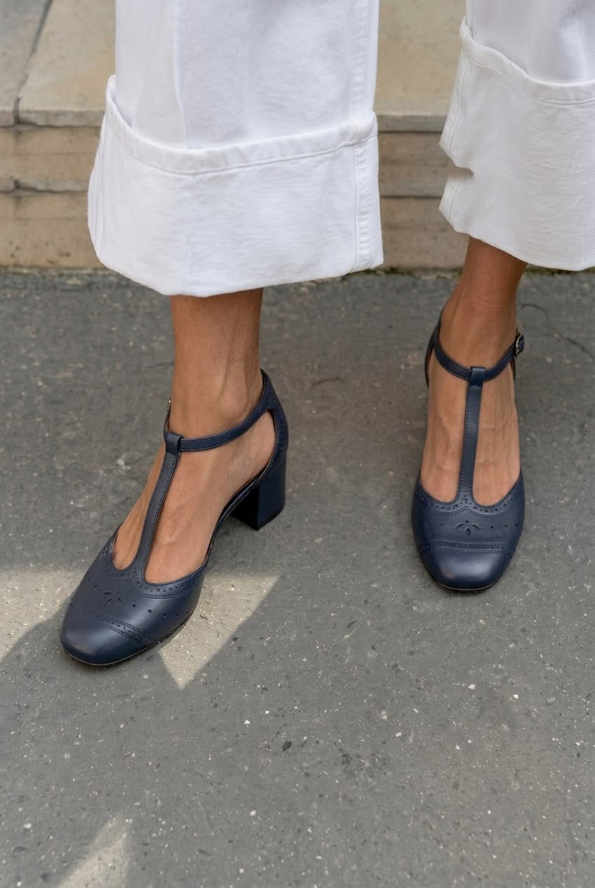 Brogue T-Strap Round Toe Block Heel Pumps [Pre Order]